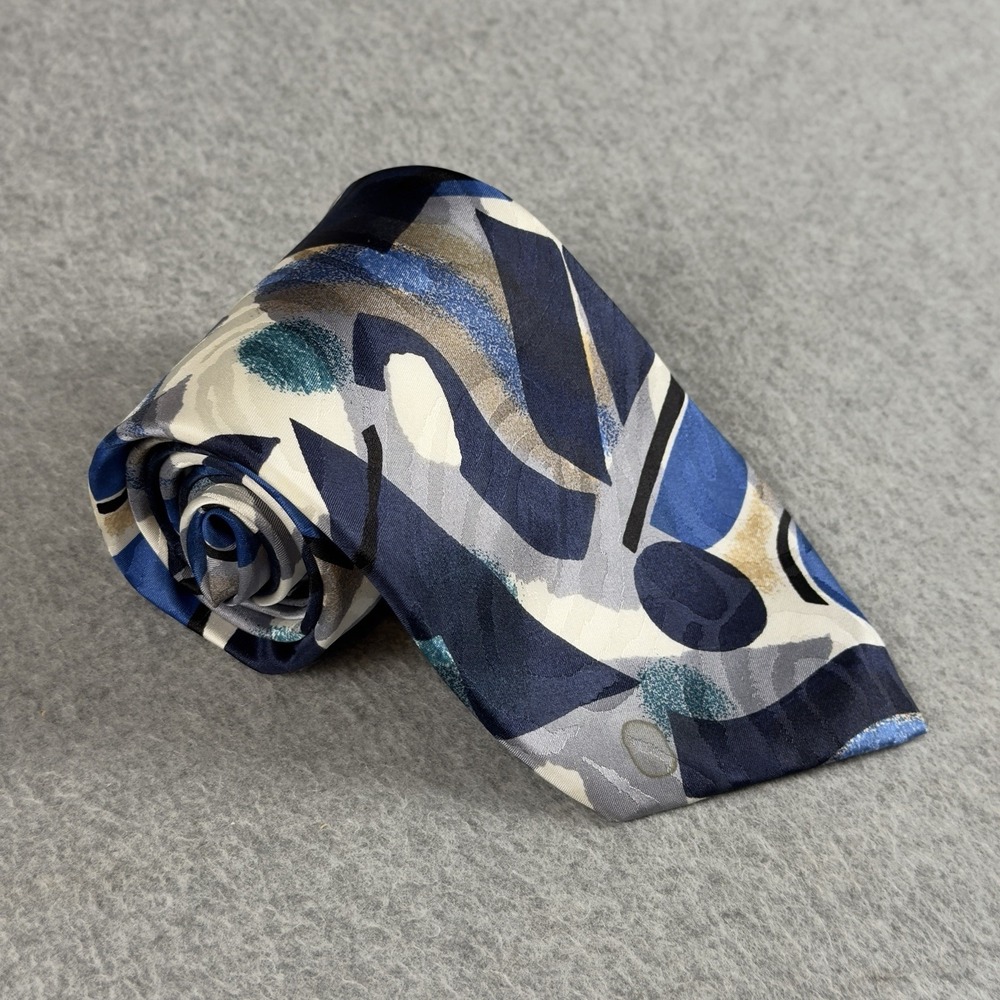 Vintage Serica 100% Silk Tie Italy Blue Abstract Geometric Wide Necktie 58x4"